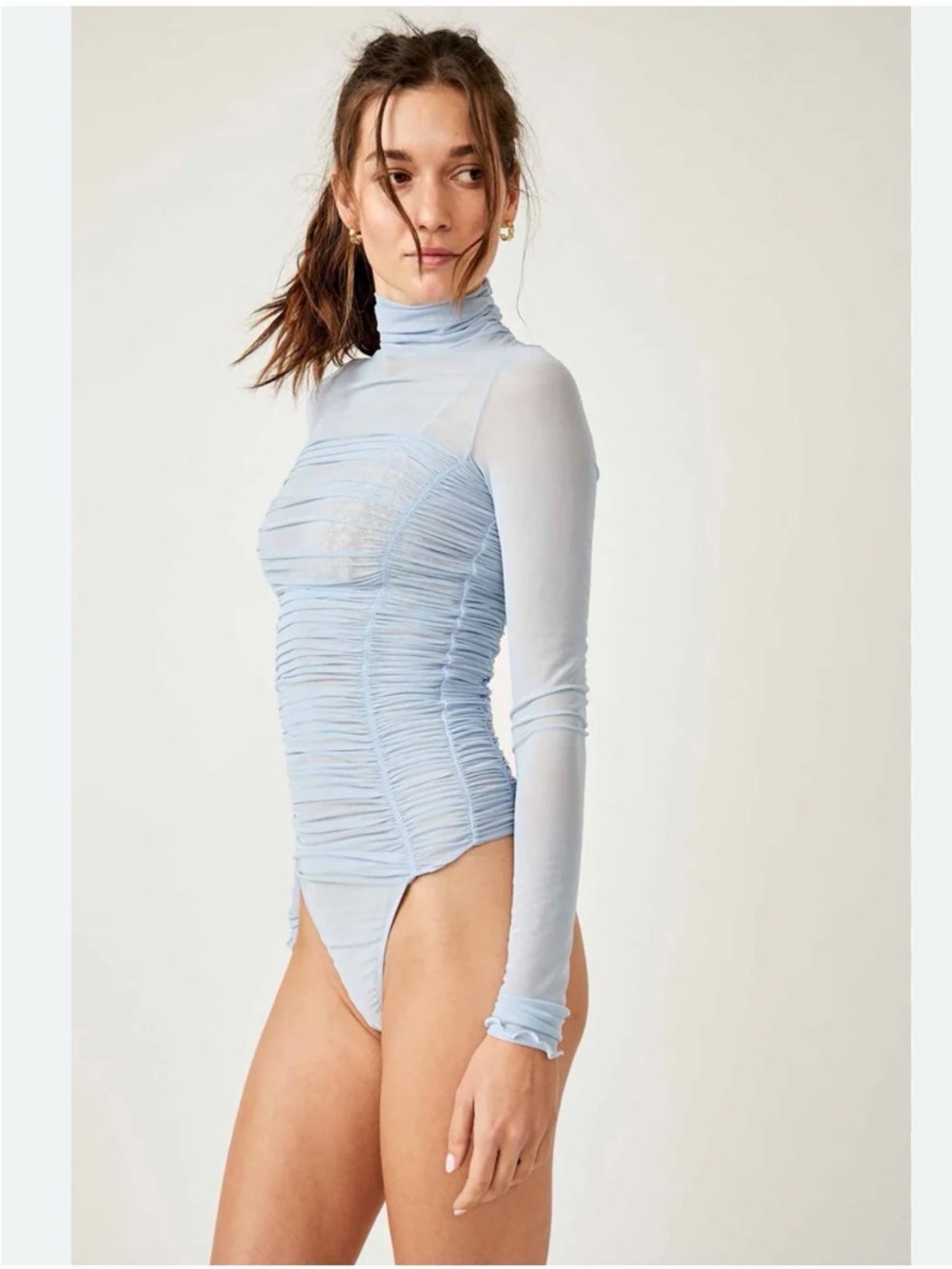 NWT Free People Under It All Bodysuit Light Blue Long Sleeve Ruched
